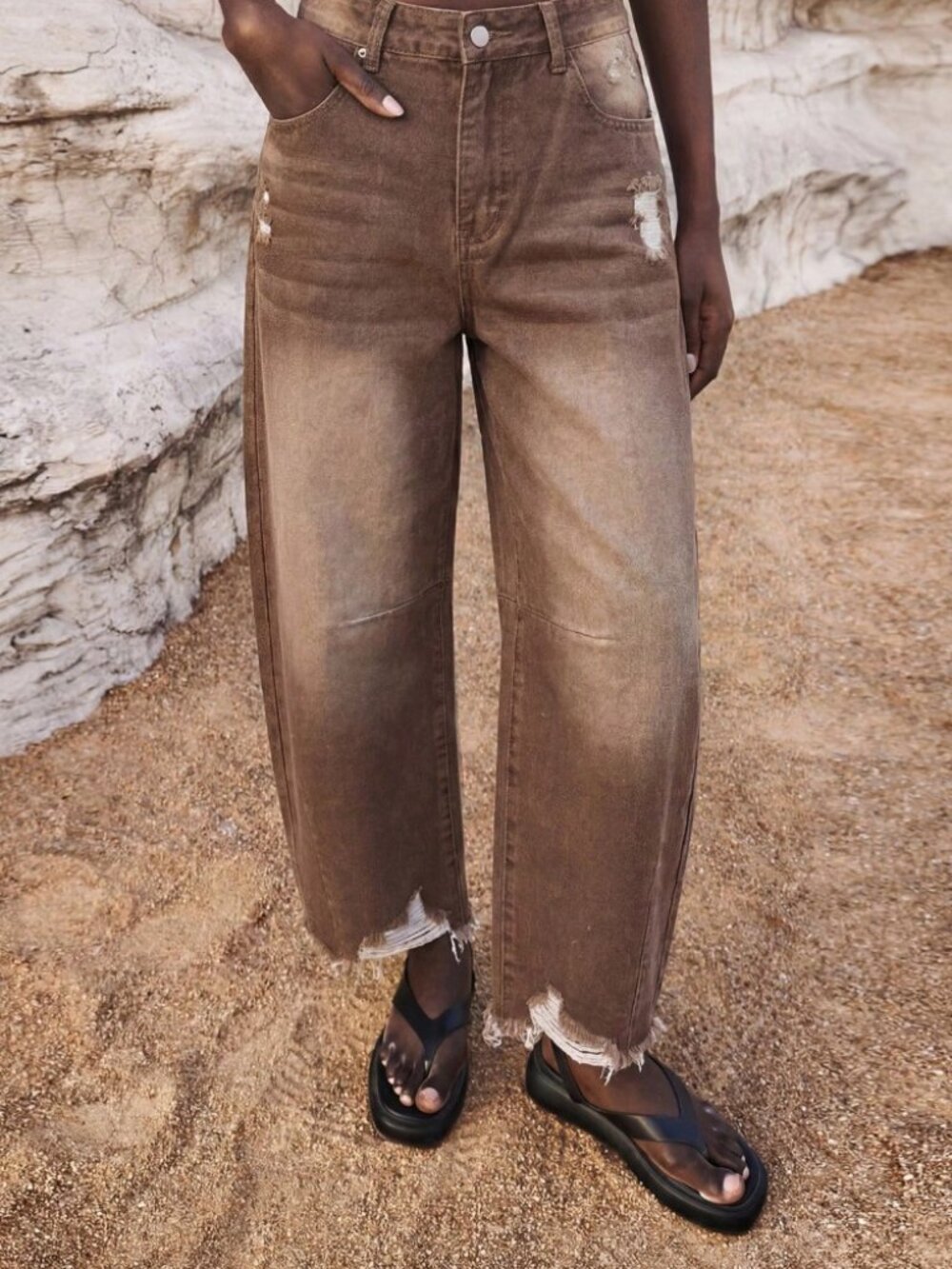 Muted Tan Denim Jeans with Distressed Rips - Picture 3 of 7